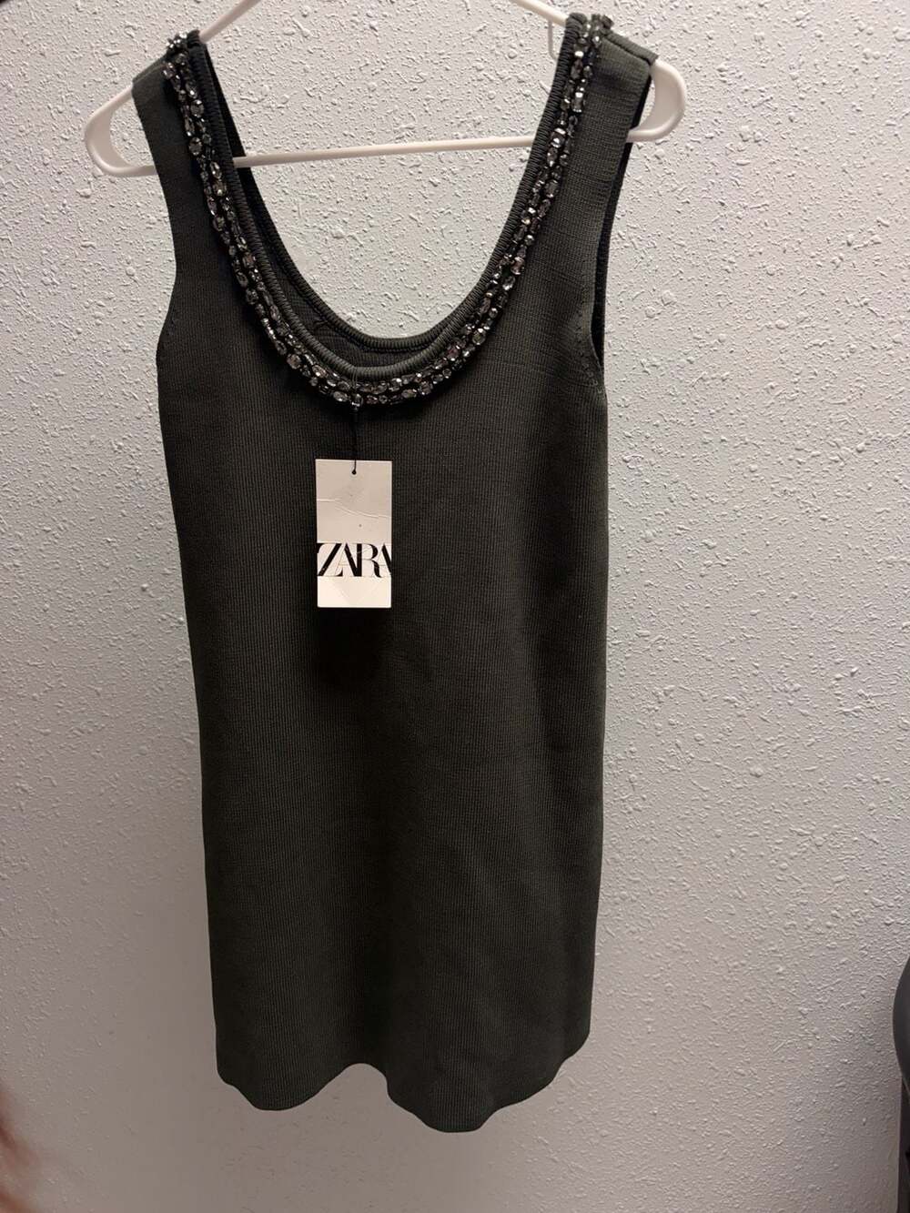 Zara Jewel Ribbed Knit Mini Dress with Rhinestone Embellished Neckline